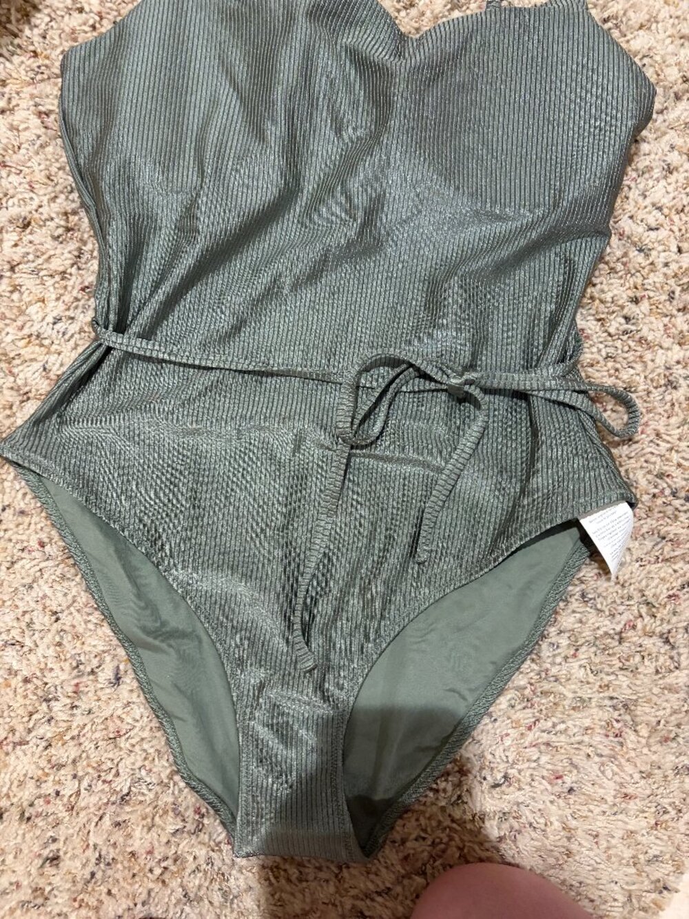 Aerie Shine Ribbed Strappy Scoop Olive Green One Piece Wrap Around Tie Swimsuit - Picture 5 of 11